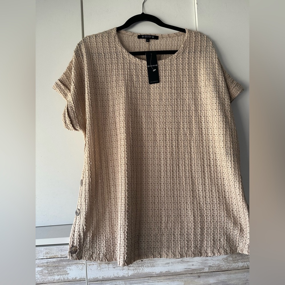 ✨ COIN 1804 Beige Waffle Knit Tunic Top Short Sleeve Size 1X NWT
